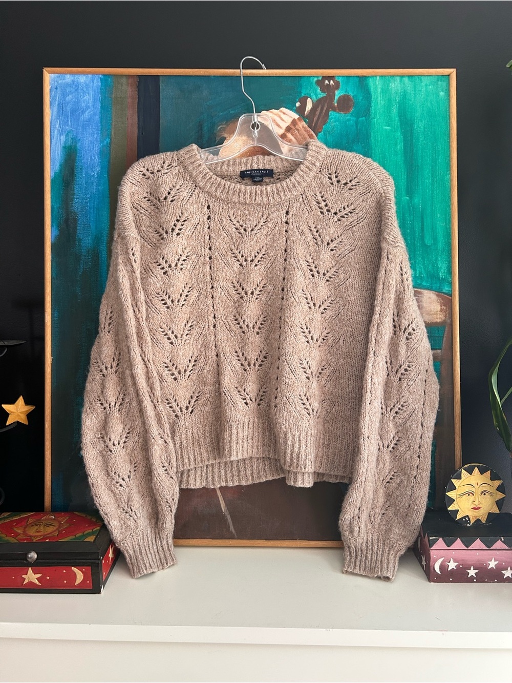 American Eagle Beige Open Knit Cropped Sweater Size L
